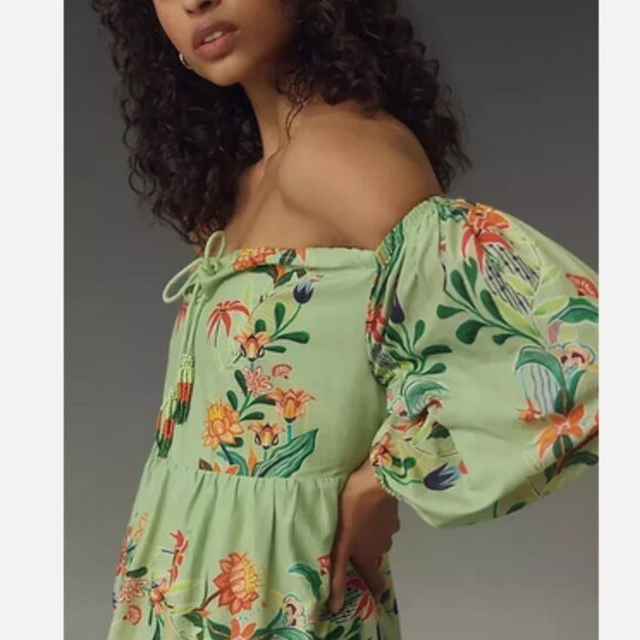 Farm Rio Anthropologie L NWT Off-The-Shoulder Tiered Floral Midi Dress Large - Picture 2 of 7